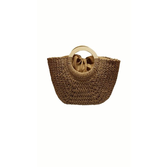 Wicker Woven Straw Handbag  Beach Bag Wood Handles - Picture 2 of 8